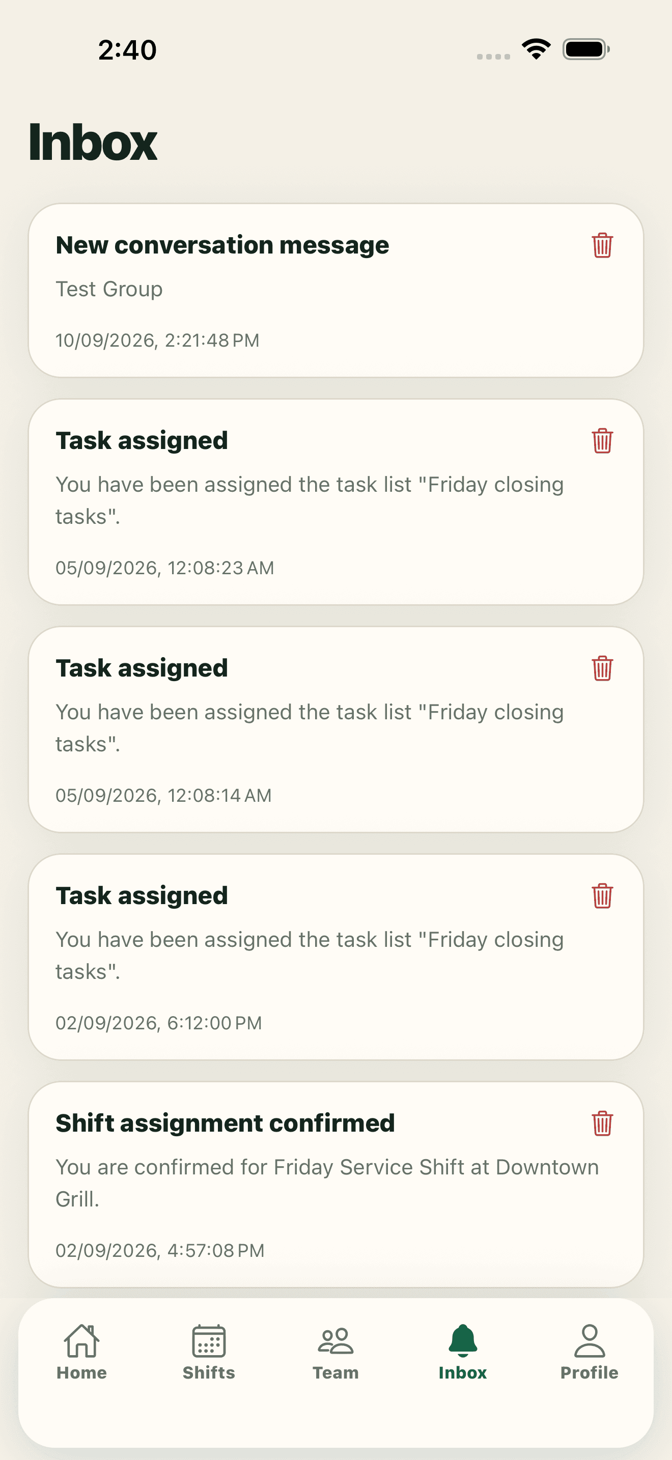 ShiftChef manager Inbox showing request and schedule updates together.