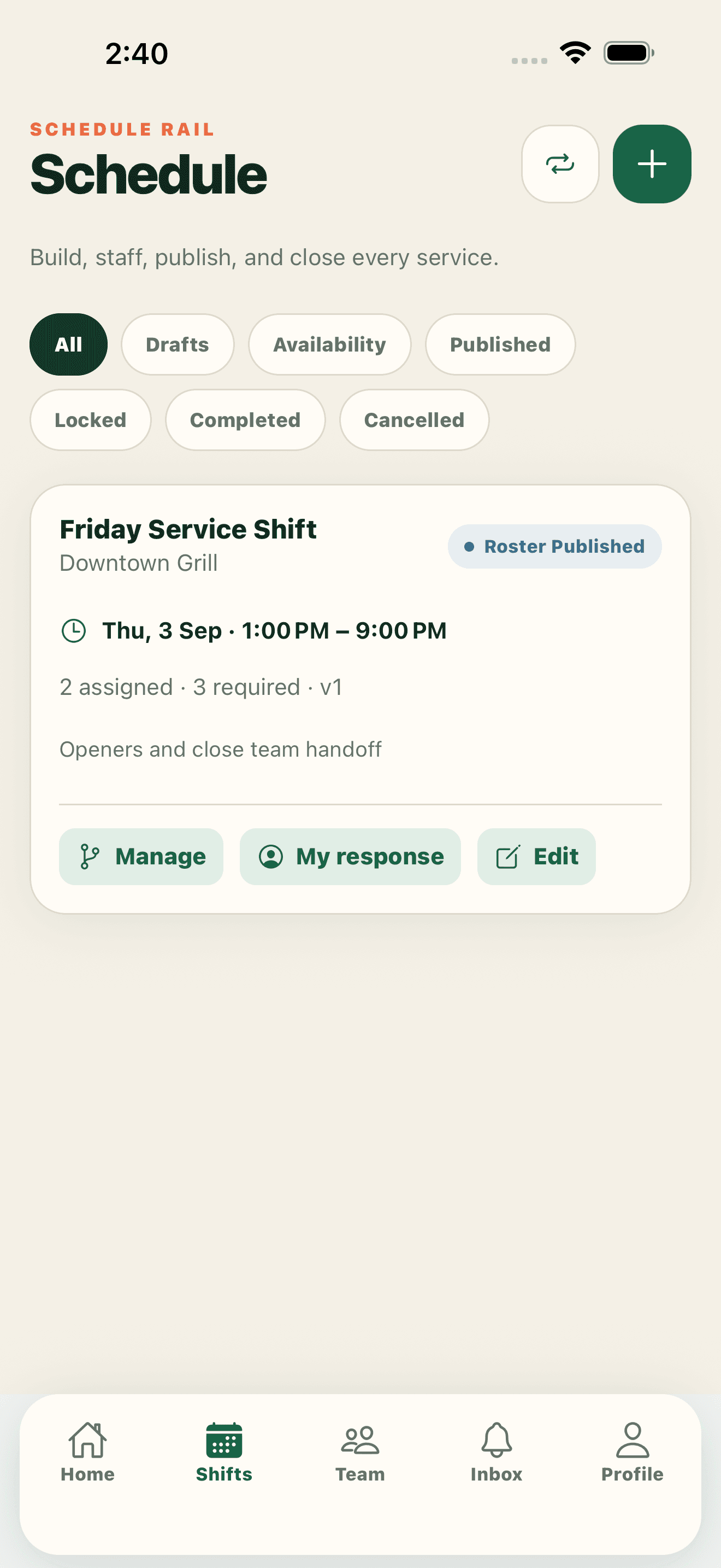 ShiftChef manager schedule showing service shifts, shared rosters, and planning controls.